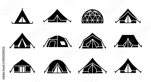 Collection of various tent icons for camping and outdoor adventures