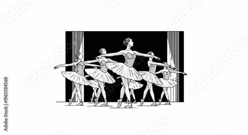 Six ballerinas in tutus perform a synchronized dance on stage