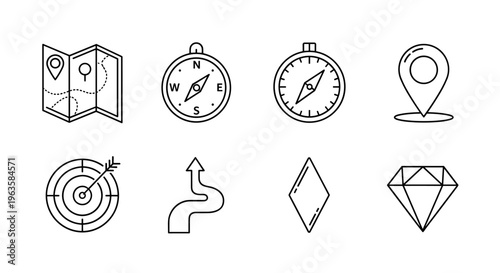Set of navigation and goal achievement icons including map, compass, target, and diamond shapes