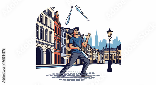 Man juggling pins on cobblestone street in front of buildings