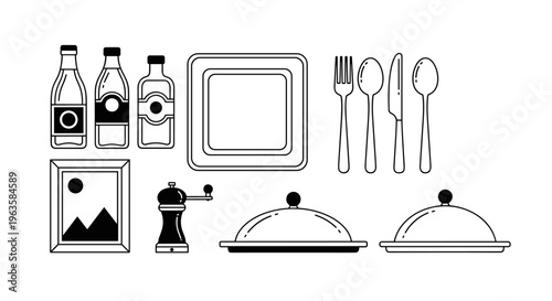 Collection of restaurant and kitchen icons in a simple line art style