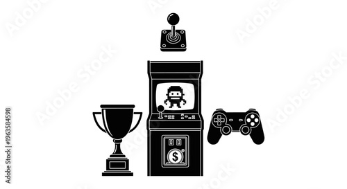 Retro arcade game machine, trophy, and modern controller symbolize gaming evolution and success