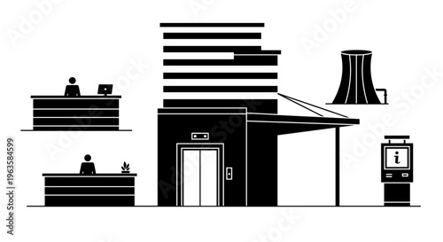 Modern industrial building exterior with reception, elevator, and cooling tower