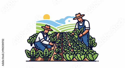 Two farmers harvesting vegetables in a field under a sunny sky