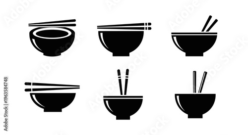 Collection of black icons representing bowls with chopsticks for Asian cuisine