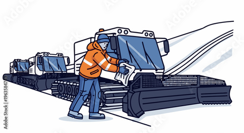 Person cleaning snow grooming machine on snowy slope