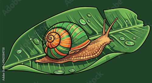A stylized snail with an orange and green striped shell crawls on a dewy green leaf