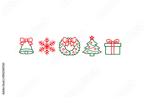 Colorful Christmas icons show bell, snowflake, wreath, tree, and gift for the holiday season in a simple design on a white background