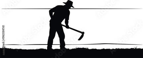 Male Farmer Silhouette Working in Field with a Hoe Tool for Agriculture Farming Gardening and Organic Food Production Design Themes