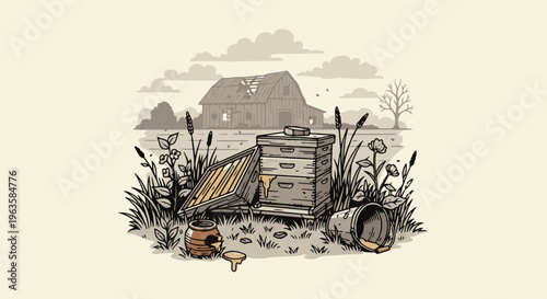 Weathered barn overlooks an apiary with honey drippings and wildflowers