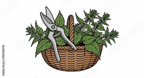 Woven basket filled with green plants and pruning shears