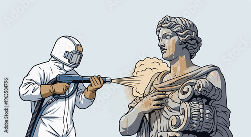 Worker in suit cleans ancient statue with sandblaster