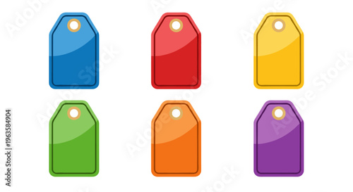 Collection of six colorful blank price tags with rounded corners and a hole at the top