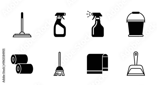 Collection of cleaning supplies icons including mop, spray bottles, bucket, and broom