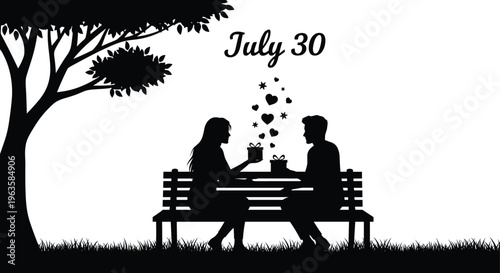 Romantic Couple Silhouette Sitting on Park Bench Exchanging Gifts Under a Tree for July 30 International Friendship Day Celebration