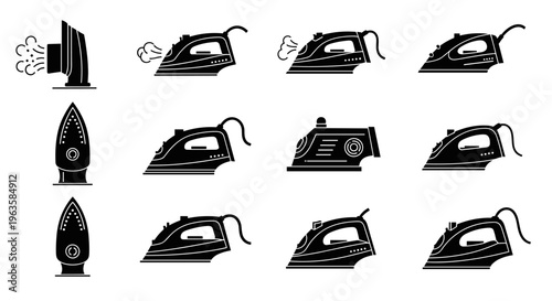Collection of black iron icons with steam and different angles for household chores