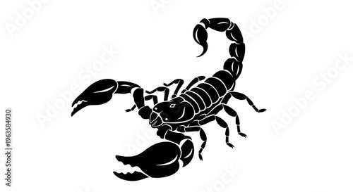 Stylized black scorpion silhouette with segmented tail raised and claws extended