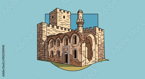 A stylized illustration of an ancient, ruined stone building with a minaret