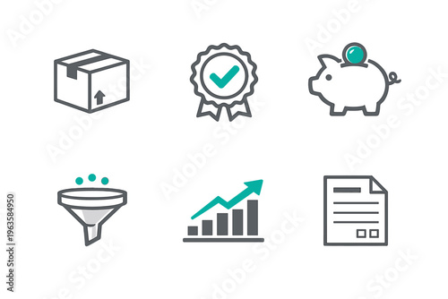 Various icons representing business concepts such as delivery, trust, savings, data analysis, and reporting shown on a plain background