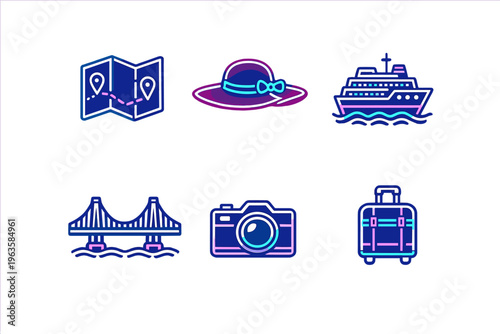 Travel symbols on a white background showing map, hat, cruise ship, bridge, camera, and suitcase for vacation planning