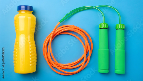 Brightly colored jump rope and shaker bottle on blue background for fitness and wellness