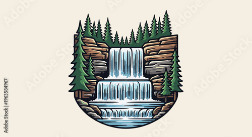 A stylized, multi-tiered waterfall cascades down rocky cliffs surrounded by pine trees