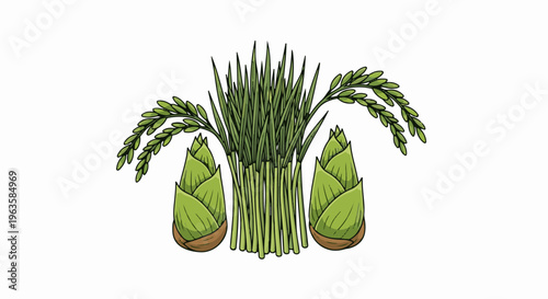 Stylized illustration of rice stalks and seed heads on a white background