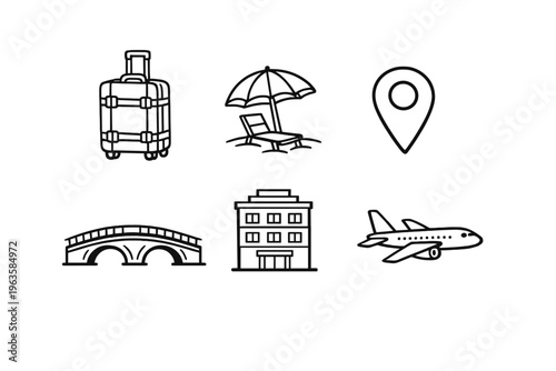 Travel icons showing luggage, beach chair, location pin, bridge, hotel, and airplane for vacation planning