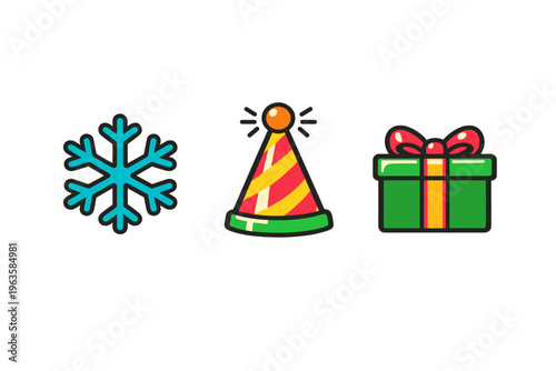 Winter celebration with snowflake, party hat, and gift during festive season