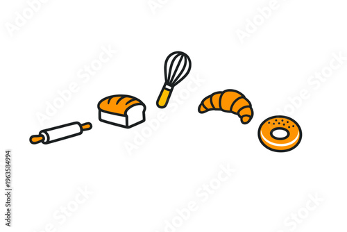 Different types of baked goods and tools arranged on a white background for a simple culinary scene