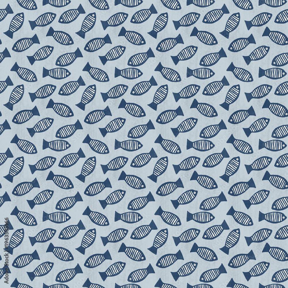 Naklejka premium Tossed fish Pattern, hand drawn, minimal modern coastal nautical block print in soft blue and white