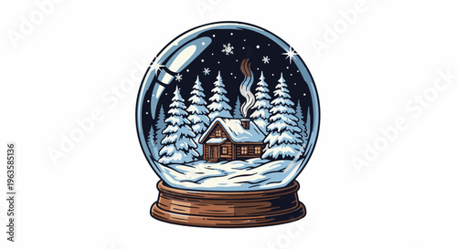 A snow globe depicts a cozy cabin nestled among snowy pine trees under a starry sky