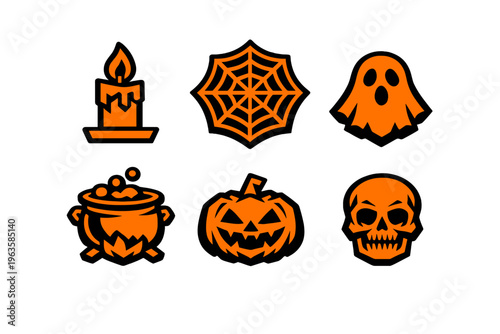 Halloween symbols and decorations including candle, spider web, ghost, cauldron, pumpkin, and skull at a festive time