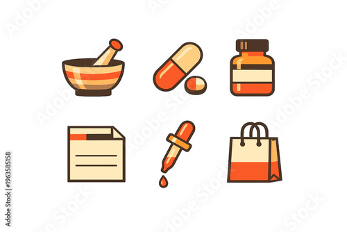 Various pharmacy items including pills, a mortar and pestle, and a medicine bottle displayed on a simple background