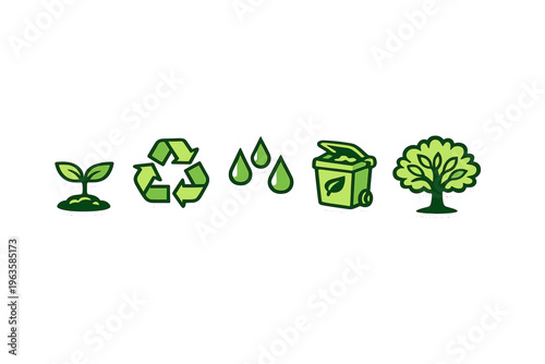 Icons that represent recycling, water conservation, waste management, and tree planting for environmental awareness