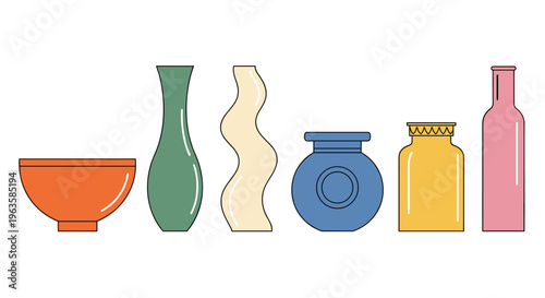Collection of colorful minimalist vases and bottles in a row on white background
