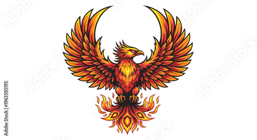 Majestic phoenix bird with fiery wings and tail, symbolizing rebirth and power