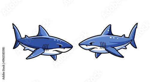 Two cartoon sharks facing each other with an aggressive stance and sharp teeth