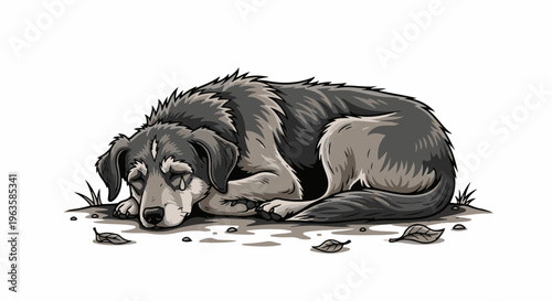 A grayscale illustration of a dog with a tear on its cheek, resting on the ground