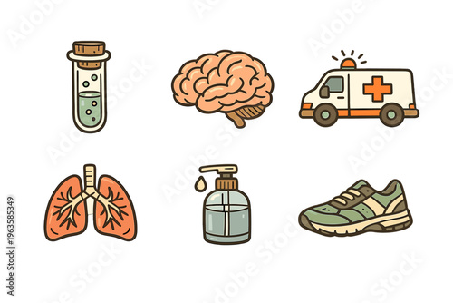 Health and wellness theme with medical symbols, exercise gear, and hygiene items in a simple design