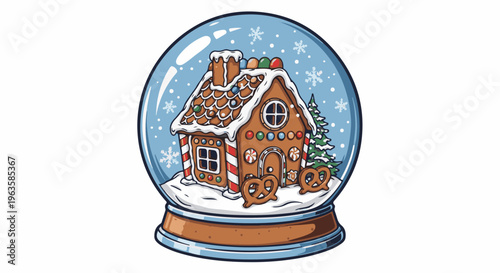 A snow globe with a gingerbread house, festive tree, and pretzels inside