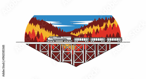 Train crosses a forested mountain landscape on a bridge