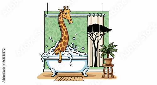 A giraffe bathes in a bubble-filled tub in a room with patterned wallpaper and a potted plant