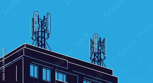 Two communication towers stand atop a dark, modern building against a vibrant blue sky