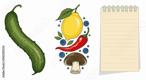 A collection of fresh produce and a blank notepad