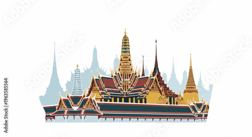 Ornate temples and spires rendered in a stylized, flat color palette