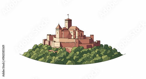 A pixel art castle stands tall atop a lush green hill