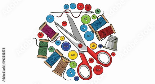 A close-up view of colorful sewing supplies arranged in a circular pattern