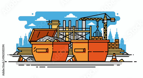 Urban construction site with crane, dumpsters, and scaffolding