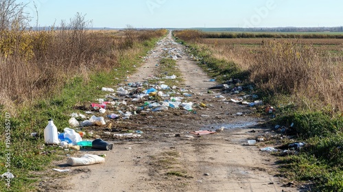 Rural dirt road choked with scattered plastic waste and debris under a clear sky, a visual of environmental neglect.